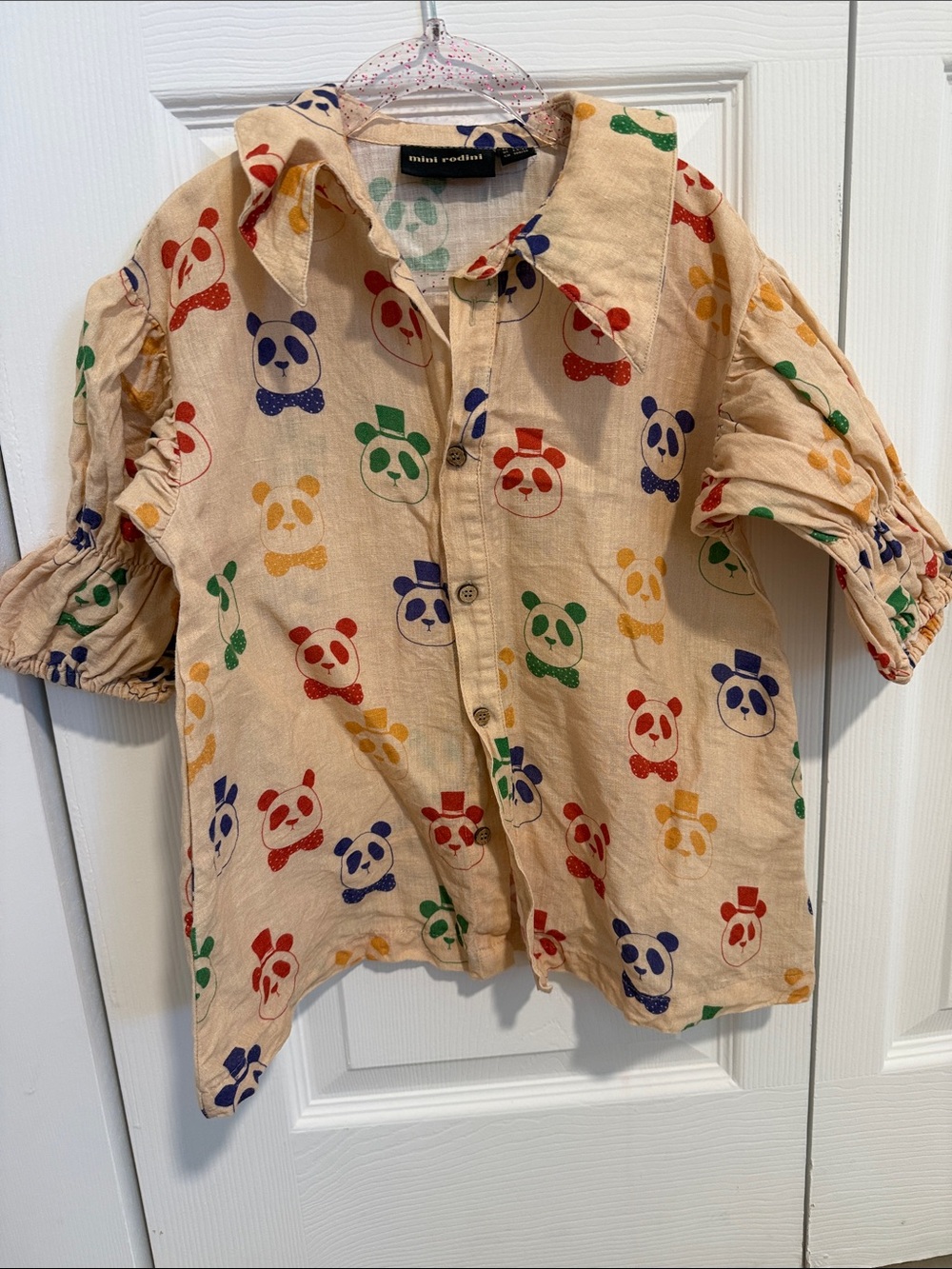 Mini Rodini Beige Panda Print Button-Down Shirt with Multicolor Pandas